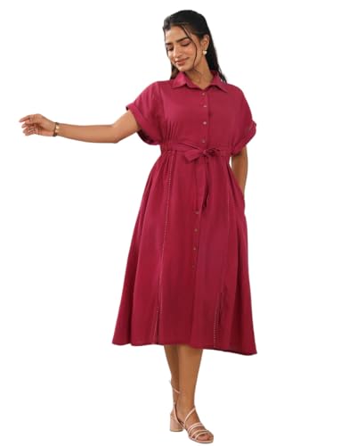 Image of Amazon Brand - INKAST Women Wide Shirt Collared Solid A -line Bottun Down Maxi Dress with Tie Belt | Flared Short Sleeve Summer Outfits | 100% Cotton | Casual Wear | One Piece