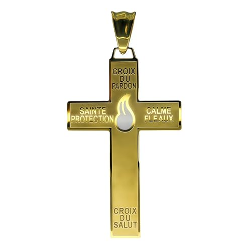 18k Gold plated Catholic Marie Julie Jahenny of Benediction with Protection Cross of Forgiveness with White Enamel Flame Holy Cross of Pardon  Stainless Steel Crucifix End Times Pendant cruz del perdn cruz del perdn en acero inoxidable