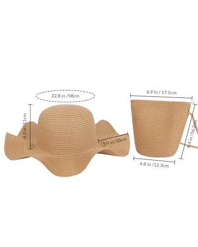 Sombrero de paja con ala ondulada y bolso pequeño de paja miniatura 6