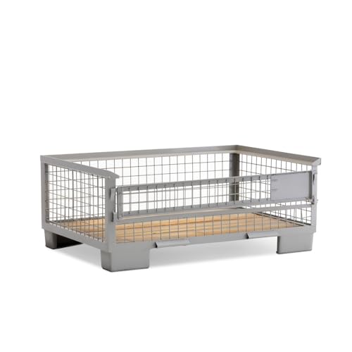 HEMMDAL Industrie-Gitterbox mit halb abklappbarer Längswand | 1.500 kg Tragkraft | HxBxT 50 x 124 x 83,5 cm | Grau | 5 x 5 cm Maschenweite | aus Stahl | niedrige Bauart | stapelbar| Gitterbehälter