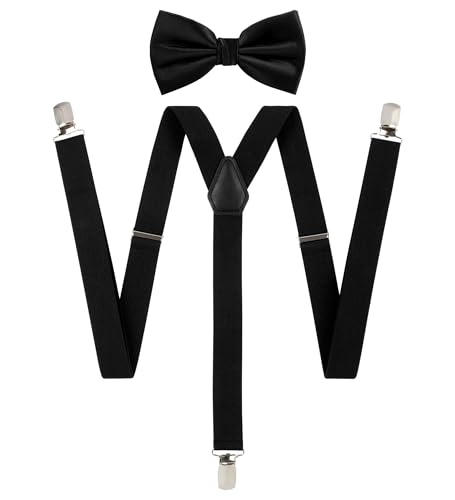 TIE G Solid Color Men's Suspender + Woven Bow Tie Set for Wedding : Vivid Color, Adjustable Brace, Strong Clip, Elastic Band