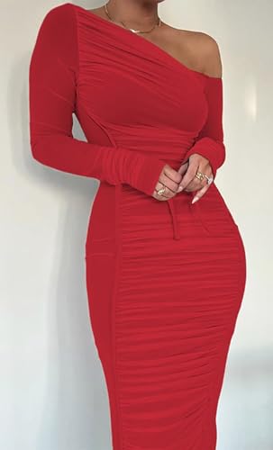 Image of Women's Long Sleeve Mesh Dress - Bodycon Off Shoulder Mesh Ruched Cocktail Club Maxi Dresses