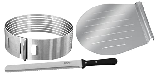 Zenker 7705 Patisserie Tortenboden-Schneidhilfe-Set – Inkl. Konditormesser & Kuchen-Retter, Edelstahl, Ø26/28 cm, Silber