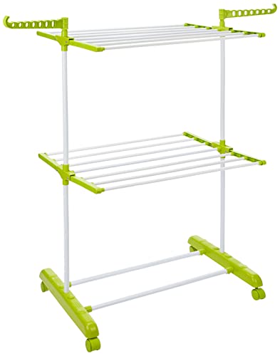 Amazon Brand - Solimo Steel Double Supported 2 Layer Cloth Drying Rack | Foldable, Movable | 54D x 64.9W x 127H cm | White & Green Amazon Brand - Soli