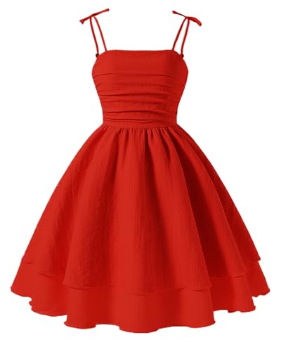 Happy Cherry Vestido de tirantes delgados para niñas, vestido de playa en capas, vestido midi acampanado de 8 a 12 años, Rojo -, 9-10 años