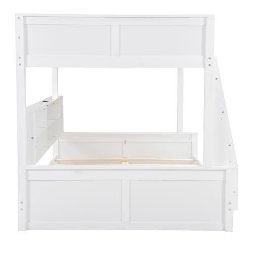 RuiSiSi Full XL Over Queen Bunk Bed with Storage, Modern Wood Queen Bunk Bed with Storage Cabinets and USB Ports for Kids Teens Adults, Space-Saving with Ladder, Guardrail, Antique White