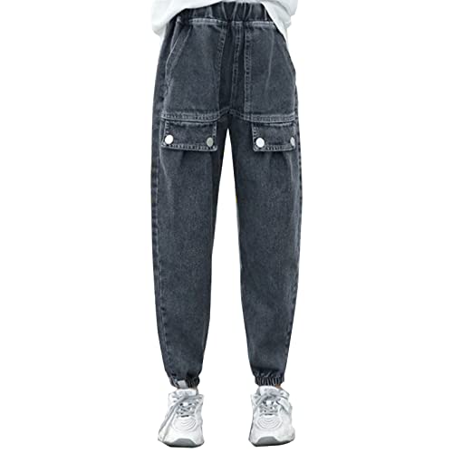 easyforever Kids Girls Denim Pants Elastic Waist Casual Jeans Elastic Leg Cuffs Denim Trousers School Daily Wear
