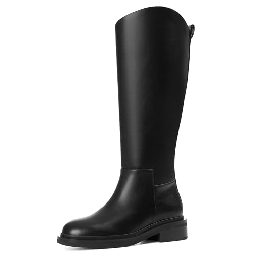 COMFITORIA Knee High Boots for Women Round Toe Flat Low Heel Boot Side Zipper Dress Long Fashion Tall Boot Fall Winter Riding Wide Calf Boots, Black, Size 8