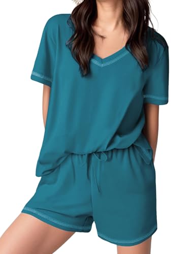 Image of Ekouaer Womens Pajamas Sets Soft 95% Cotton Pjs Short Sleeve Lounge Sets | Comfy Sleepwear Sets with pockets, ideal for Home, Mom, Party, Gifts, Daily Wear