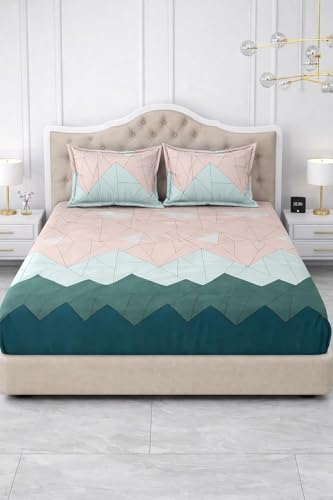 Image of 300 TC Cotton Feel Glace Cotton Elastic Fitted Bedsheet for King Size Double Bed | Fits up to 8 Inch Mattress | Printed Bedsheet with 2 Pillow Covers (Pastel Green, Double Size - 72 inchx72 inch)