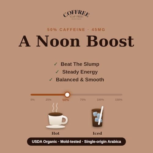 Image of COFFREE Organic Instant Coffee Packets - Mold Free, Low Acid, Single-Origin Arabica - Individual Single Serve Coffee Sticks - Easy for Travel, Camping - Medium Roast, Half Caff 50% Caffeine - 24 Count