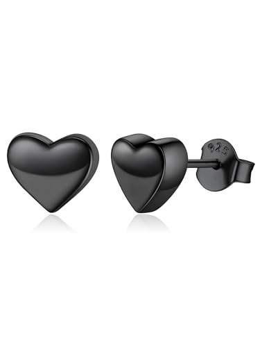 ChicSilver 7MM Small Black Stud Earrings Sterling Silver Heart Earrings for Women Hypoallergenic Simple Tiny Ear Studs