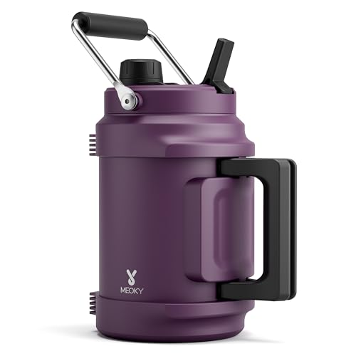 Image of 64 oz Insulated Water Bottle for Gym: Meoky Triple Wall Vacuum Stainless Steel Half Gallon Water Jug - Top and Side Handles, 2-in-1 Straw and Spout Lid, Cold for 36 Hrs, Leak Proof for Camping (Plum)