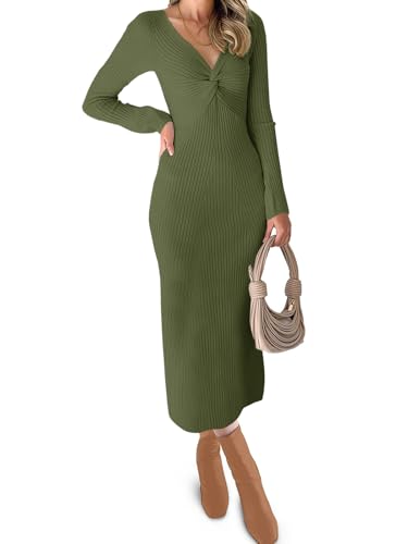 Image of RAISECOM Women Sweater Dress Long Sleeve V Neck Knit Bodycon Midi Dress
