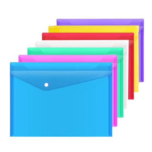 A4 Plastic Wallets 7PCS Folders Waterproof Plastic Wallet Transparent Colours with Button Storage and Organization Office Supplies