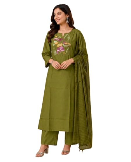 Women's Embroidered Straight Kurta Pant with Dupatta Set | Floral Embroidery Ethnic Suit Set | V Neck Full Sleeve Traditional Kurta Set-picture-46