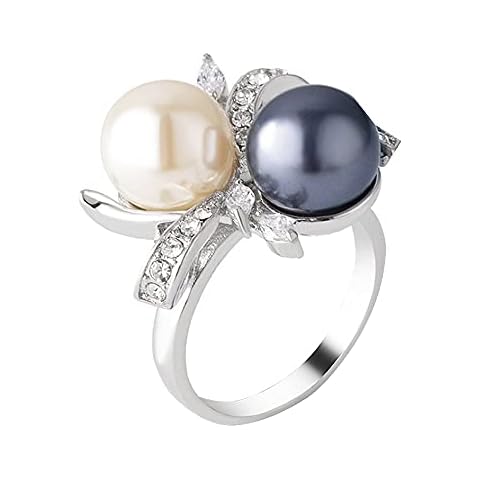 Black White Pearl Crystsal Flower Cocktail Statement Ring Uniquely Stylish Stacking Wedding Band Rings Fashion Jewelry for Women Girl Gift, Crystal Simulated Pearl Non-Precious Metal, Cubic Zirconia Cover