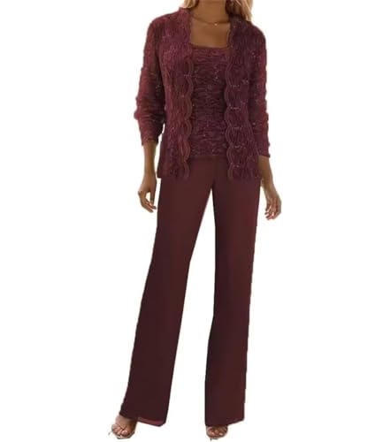 Image of 3 Pieces Chiffon Lace Mother of The Bride Pant Suits with Jackets Sequins Wedding Guest Dresses for Women