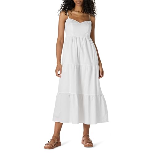 Amazon Essentials Women's Fit and Flare Empire Waisted Cotton Sateen Tiered Maxi Dress, White, Medium