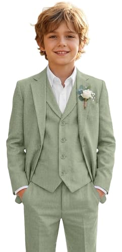 Boys Ring Bearer Outfit for Summer Beach Wedding 3 Piece Boys Summer Suits Linen Light Green Size 12