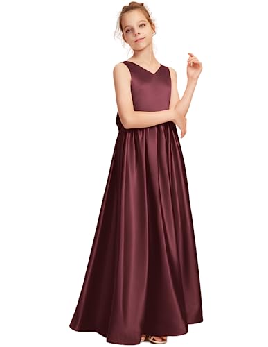 Junior Bridesmaid Dress, Flower Girl Dresses, Formal Dress for Teen Girls Bow A-line V-Neck Floor-Length Satin