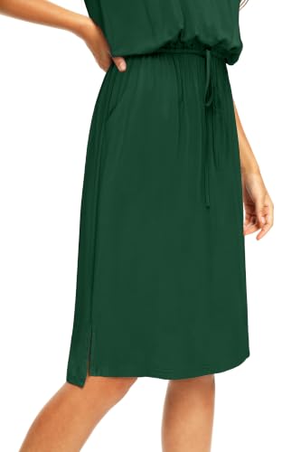 Image of Simier Fariry Womens Summer Hide Belly Knee Length Travel Dress Pocket Short Sleeve Midi Work Casual Outfits