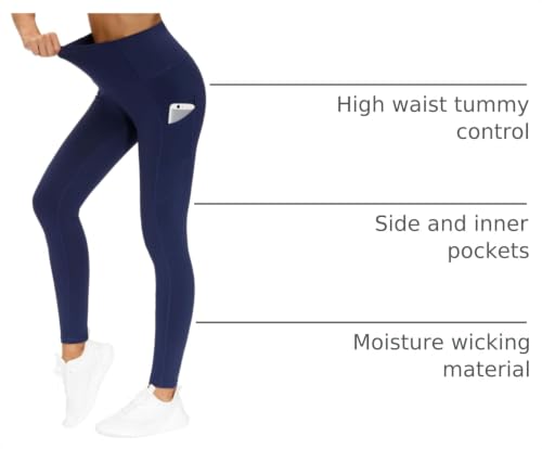 Image of THE GYM PEOPLE Thick High Waist Yoga Pants with Pockets, Tummy Control Workout Running Yoga Leggings for Women