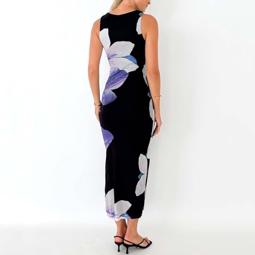 Image of Bodycon Mesh Dresses for Women Sleeveless Midi Floral Tie Dye Dress Side Slit Wedding Cocktail Party Dresses