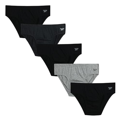 Reebok Mens Low Rise Briefs - 5 Pack Soft Mens Cotton Underwear Briefs with Supportive Contour No Fly Pouch for Everyday Wear, Size Small, Black/Heather Grey/Charcoal Heather