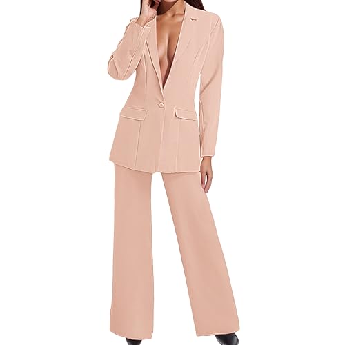 Generisch Hosenanzug Damen Business Lange 2 Teiler Anzug Set Casual Langarm Tracksuit Elegante Einfarbig Blazer Jacke Und Hosen Outfit Sexy Festlich Freizeitanzug Mit Taschen Workout Sets
