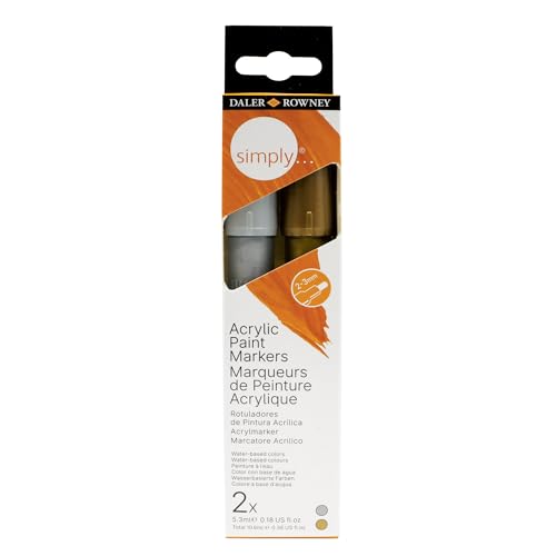 Daler-Rowney Simply Acrylic Marker Pen Set, 2 x Pens, Gold & Silver, Multi-Surface, Water-Based, 2-3mm Tip