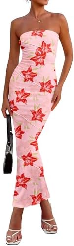 PRETTYGARDEN Women's 2026 Summer Floral Bodycon Maxi Dresses Ribbed Strapless Tube Casual Boho Party Long Dress
