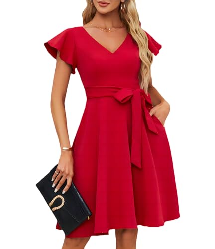 Womens 2024 Elegant Swing Cocktail Dress, Wedding Guest Bridesmaid Graduation Dresses with Pocket