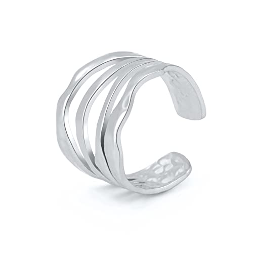 TEAMER Anillo Laberinto Irregular Acero inoxidable ajustable geométrica espiral abierta anillos de dedo exagerada joyería punk para las mujeres niñas (Estilo 3 - Plata)