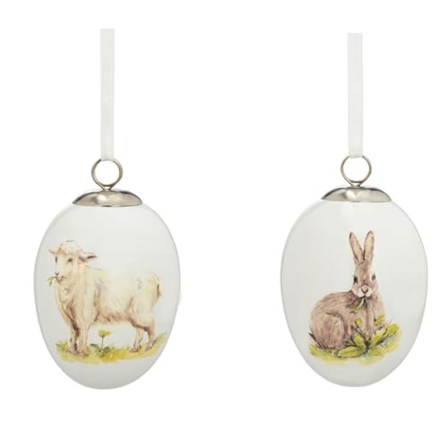 H.Bauer jun. kleine weiße Keramik Deko Eier - Bunte Motiv-Eier mit Tieren Bedruckt 5 x 7 cm zum Aufhängen - 2-teiliger Oster- oder Frühlingsschmuck für Bäume, Sträucher, Fenster oder Türen