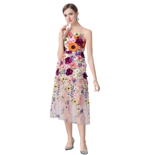 French Women's Long Dress with Flower Embroidery - Summer Strapless Waist-Cinching Slimming Dress with 3D Floral Details
