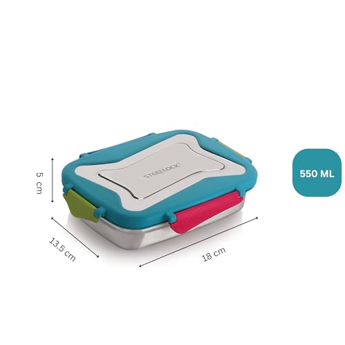 Image of STEELLOCK Smart Stainless Steel Tiffin Lunch Box for Kids and Adults | Airtight & Leakproof | Rectangle Tiffin Box for School & Office with Steel Lid | Romeo 550ml - 2pc