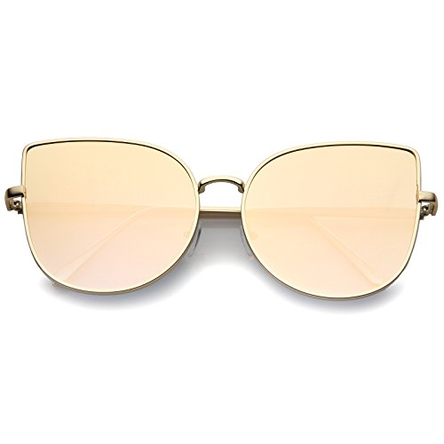 zeroUV Oversize Slim Metal Frame Colored Mirror Flat Lens Cat Eye Sunglasses 58mm (Matte Gold/Pink Mirror)