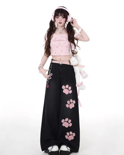 Y2k Kawaii Cat Paw Embroidery Wide Leg Jeans Vintage Hiphop Streetwear Preppy Sweet Loose Fit Casual Denim Pants3