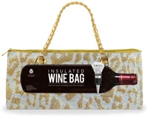 Insulated Wine Bag Trendy Women's Clutch Bag | Holds 1 Standard Bottle of Wine | Fashionable Lunch Bag Purse, White and Gold - Leopard