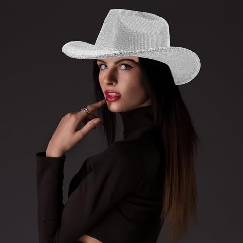 Image of Hercicy Rhinestone Cowboy Hat with Diamond Fringe CowHat for Cosplay Wedding circumference between 21.5 and 23.5 inches