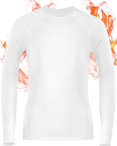 Twekfish Boys' Compression Thermal Shirt - Youth Long Sleeve Fleece Base Layer for Football Baseball, Quick Dry Undershirts White