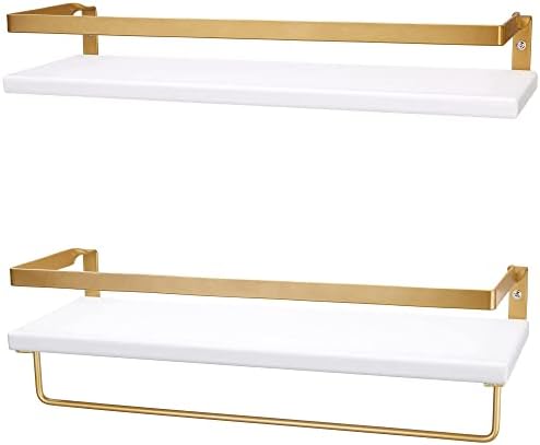 Peter's Goods Modern Floating Shelves with Rail, Modern Brass Finish, Set of 2 Shelves - Wall Mounted Bathroom Wall Shelves with Towel Bar - Also Perfect for Bedroom Decor and Kitchen Storage