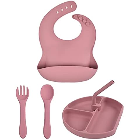 Baby Led Weaning Feeding Supplies for Toddlers - HOFISH Baby Feeding Set - Self Eating Utensils Set with Bib, Plate, Straw, Spoon, Fork - Dishwasher-Safe Infant Food Plate Kit, Indian Red Cover