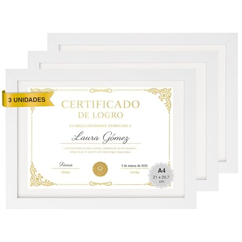 MARCOFOTO Marco de Fotos para Pared - Set de 3 Portafotos MDF con Cristal e Incluye Paspartú, uso Vertical u Horizontal - Decoración Hogar u Oficina, Diplomas - Color Blanco A4 (21x29,7 cm)