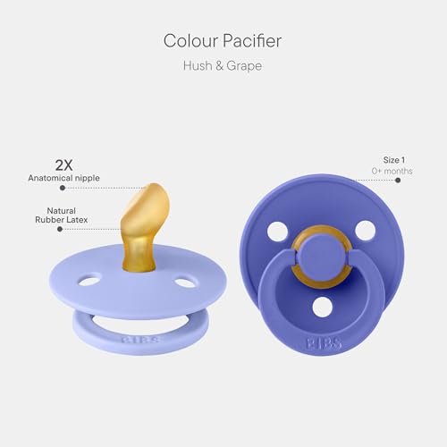 Image of BIBS Colour Anatomical Soother 2-Pack, BPA Free Dummy Pacifier, Orthodontic Nipple. Natural Rubber Latex, Made in Denmark, Size 1 (0-6 Months), Hush /Grape