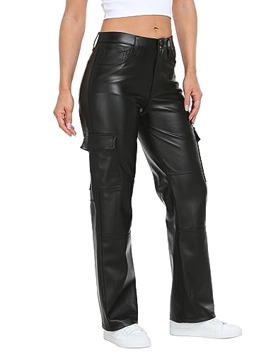 HDE Women's Faux Leather Cargo Pants with Pockets High Waisted Y2K Relaxed Pant3