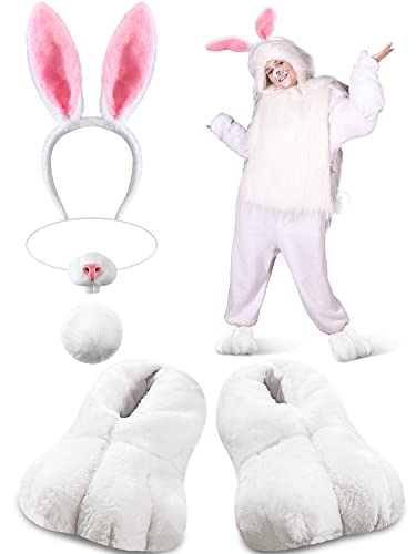 Giegxin 5 Pcs Adult Halloween Bunny Costume White Rabbit Costume Bunny Shoes Rabbit Feet Ear Headband Nose Tail