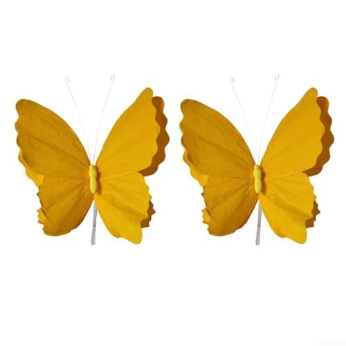 Lot de 2 papillons décoratifs 3D pour jardin, fêtes et festivals, décoration en papier léger à accrocher au plafond ou aux arbres lors d'un anniversaire et d'une réunion (jaune)