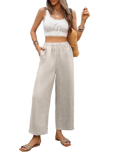 Women's Pure Linen Cropped Pants with 4 Pockets Capri Wide Leg Trousers 100% Linen Loose Fit